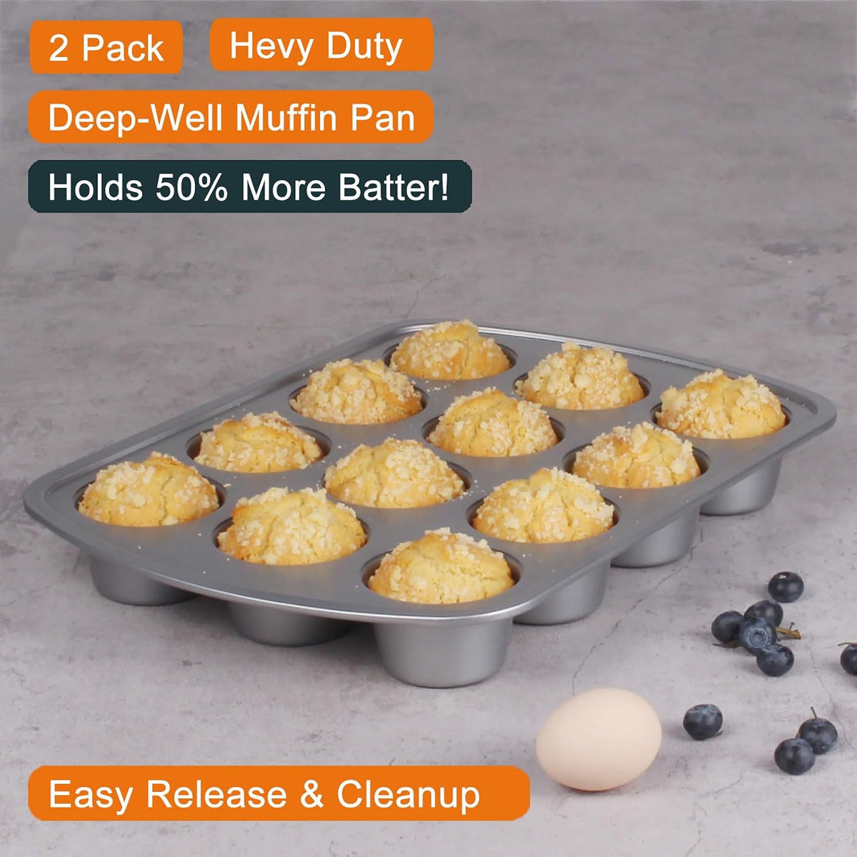 Deep Well Muffin Pan, 12-Cup, 2-Pack, 1.77-Inch Deep Cups