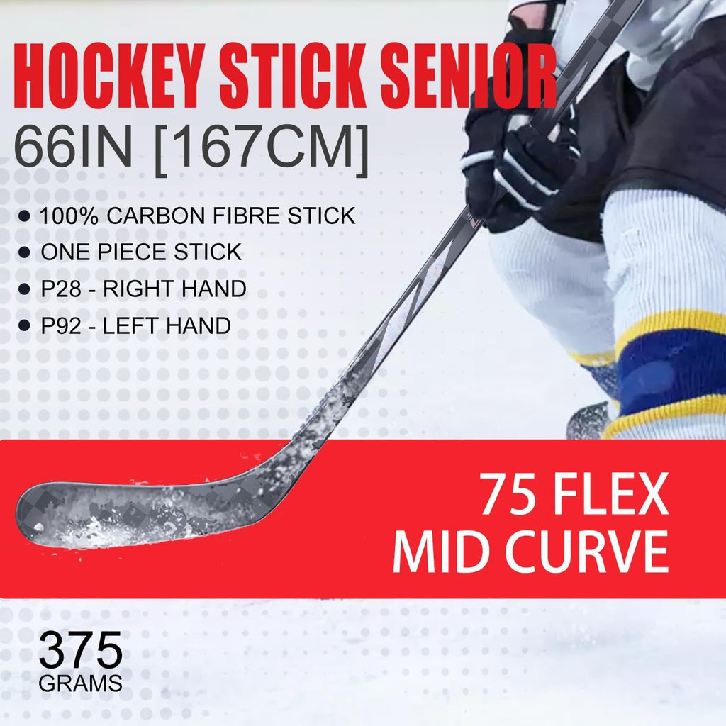 Ice Hockey Stick Senior Professional 100% Carbon Fibre Hockey Stick Adult 66"" Length, Shaft Woven UD 24K / Fle 75