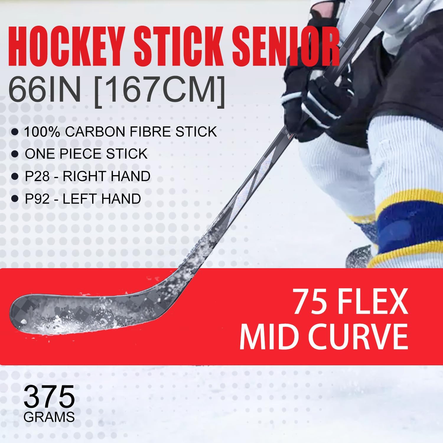 Ice Hockey Stick Senior Professional 100% Carbon Fibre Hockey Stick Adult 66"" Length, Shaft Woven UD 24K / Fle 75