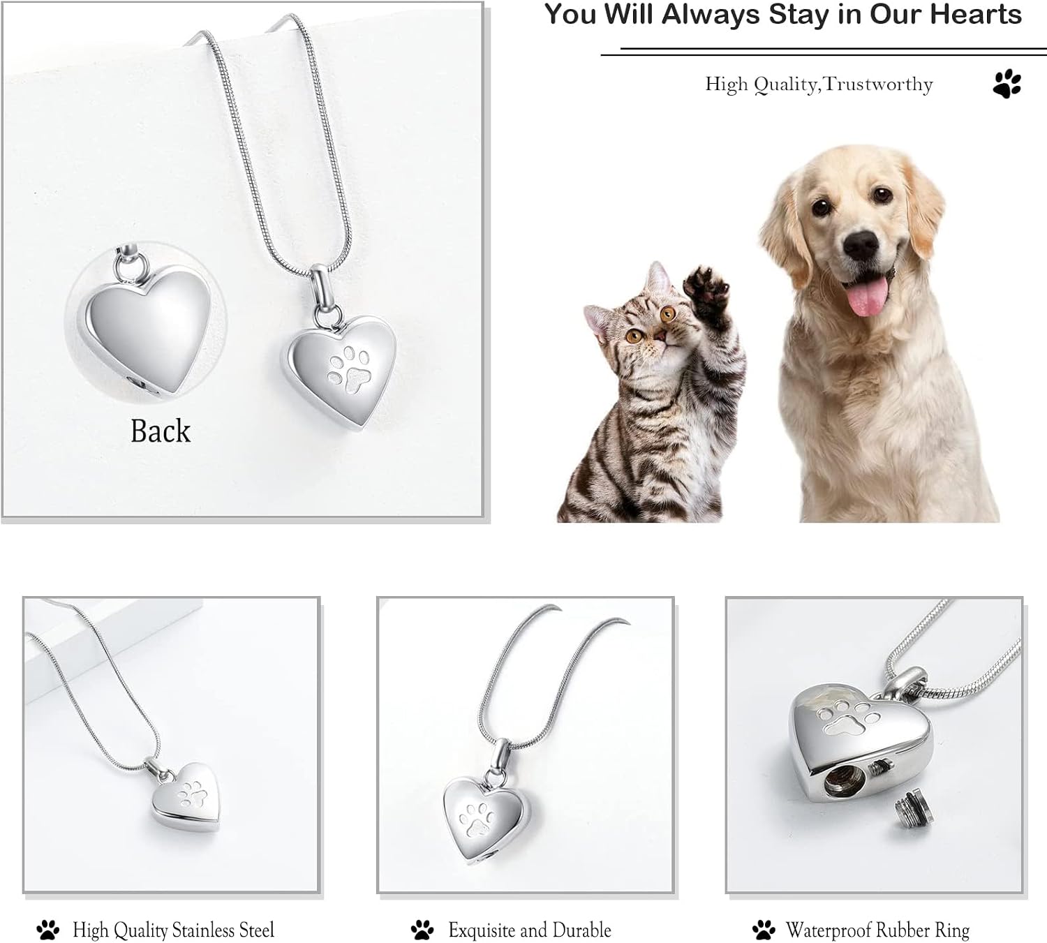 Pet Cremation Jewelry for Ashes Pendant Paw Print Pet Heart Urn Necklace Memorial Keepsake Jewelry for