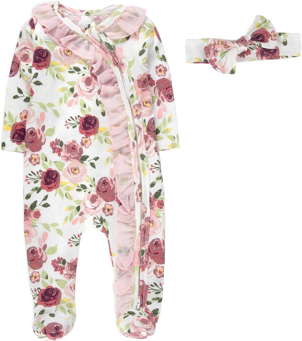 Baby Girl Sleepers,4 Piece Outfit Set, Romper Footies and Headband – All Season Baby Clothes Gift Set