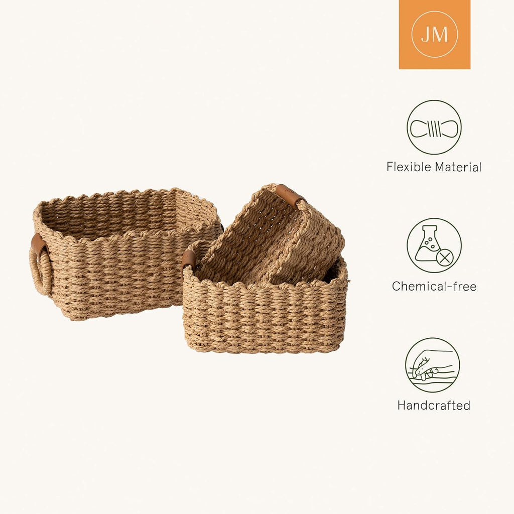 Small Wicker Baskets for Organizing, Recycled Paper Rope Storage Basket Container Bins for Shelves Bathroom Cupboards