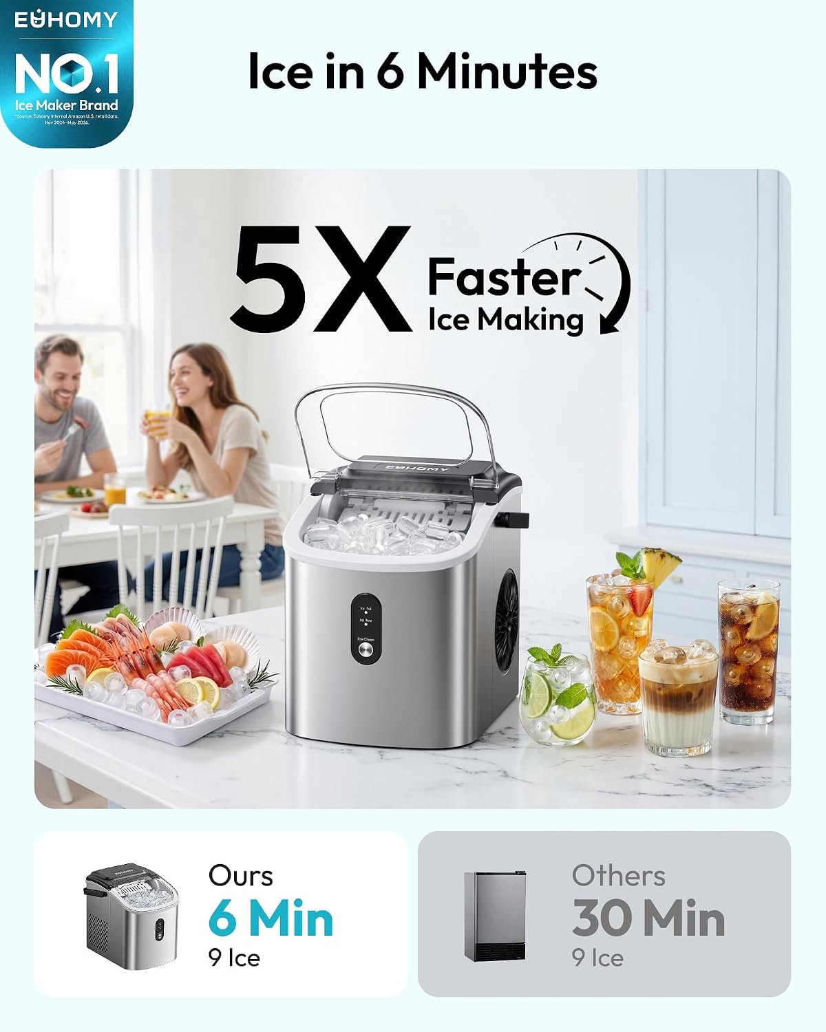 Ice Maker Countertop with Handle, 9 Ice Cubes Ready in 6 Mins