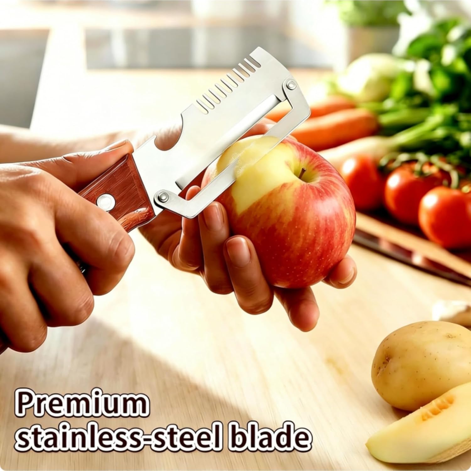 2-Pack Multifunctional Vegetable Peeler, 3 in 1 Kitchen Peeler with Wooden Handle, Grater & Bottle Opener for Potato
