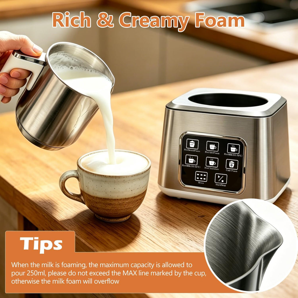 6-in-1 Electric Milk Frother and Steamer, Large Capacity & Detachable Electric Milk Frother and Warmer, Automatic Hot
