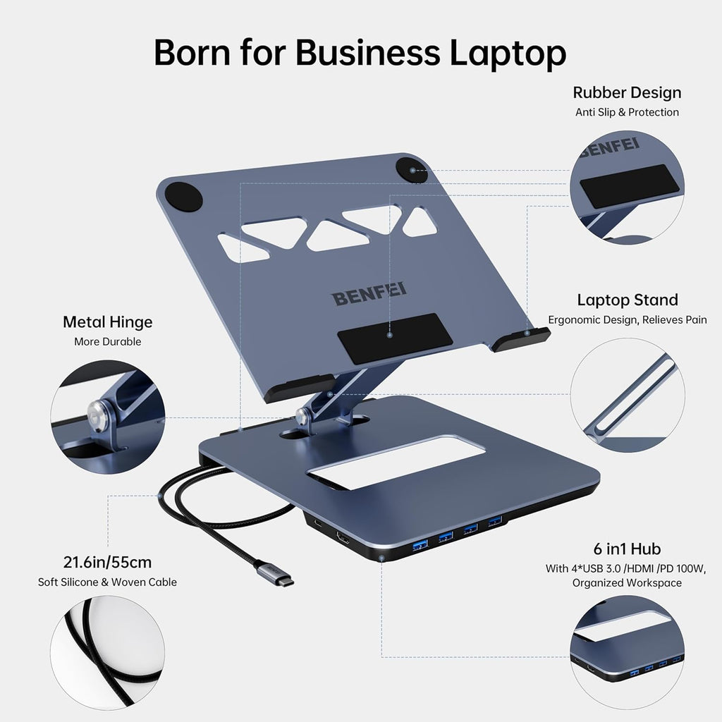 Laptop Stand with USB C 6in1 Docking Station, HDMI 4K@60Hz, 4*USB3.0, 100W PD Compatible with MacBook Pro/Air, iPad