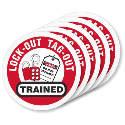 Lock-Out Tag-Out Trained Pack of 5 Hard Hat Labels | Retro-Reflective, 2" Circle