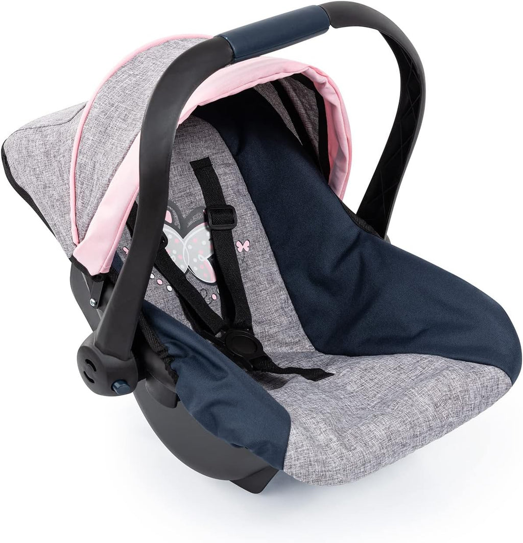 Design Dolls: Car Seat - Grey, Blue, Pink Butterfly - Fits Dolls Up to 18' Kids Pretend Play, Safety Belt, Sun