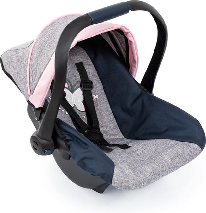 Design Dolls: Car Seat - Grey, Blue, Pink Butterfly - Fits Dolls Up to 18' Kids Pretend Play, Safety Belt, Sun