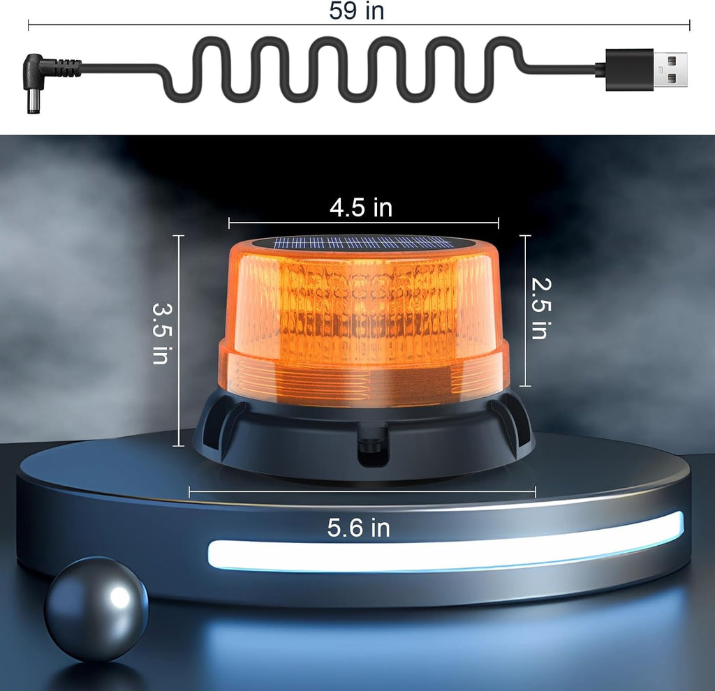 Solar Strobe Light Magnetic Waterproof LED Amber Warning Beacon Light | Wireless Solar Powered with USB Charging