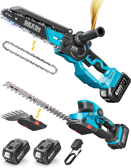 3 in 1 Cordless Mini Chainsaw & Hedge Trimmer, Grass Shear Combo | 8 Inch Electric Chain saw Brushless,2x 4000mAh