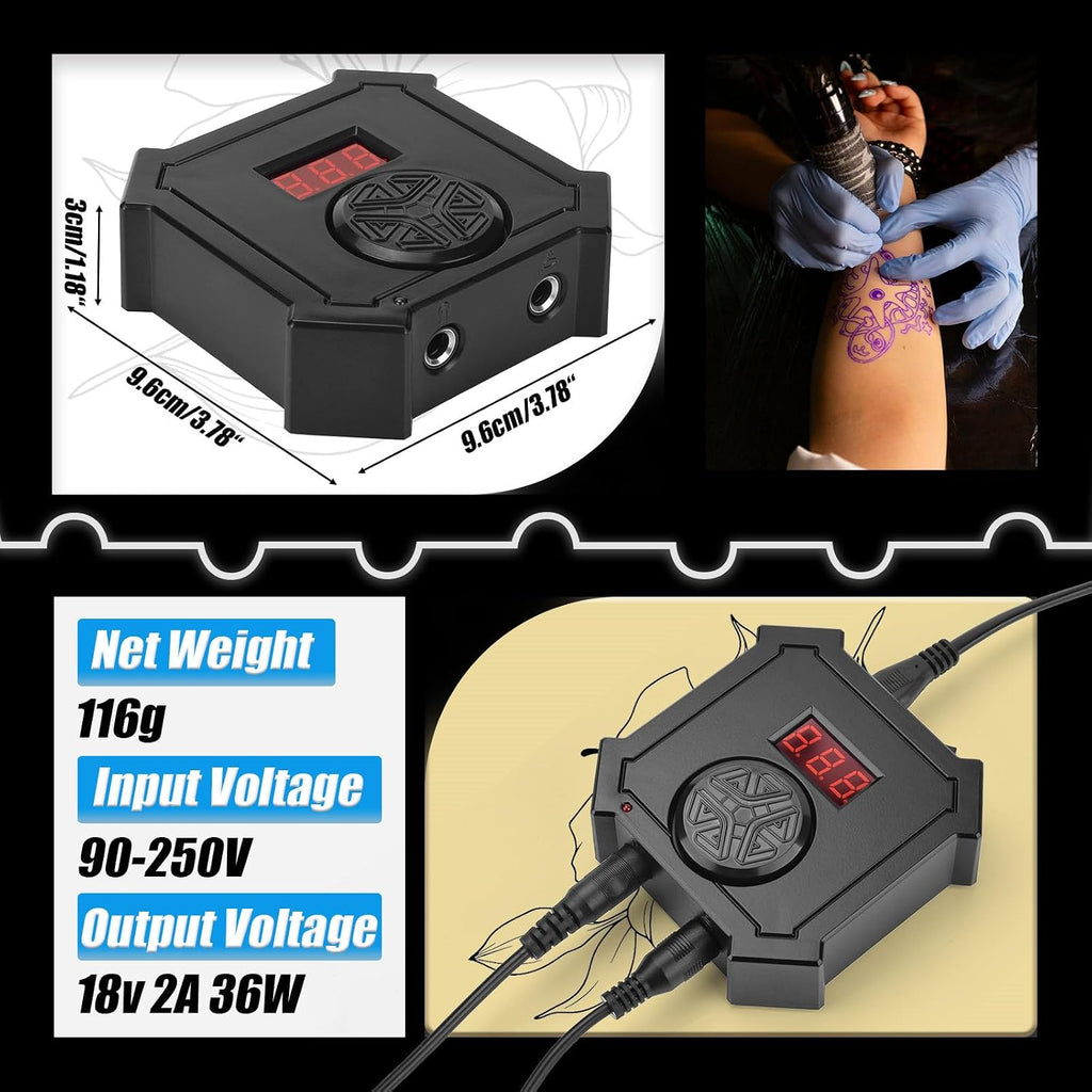 Tattoo Power Supply, Digital Display Mini Battery Power Supply for RCA Rotary Tattoo Machine, with RCA Foot Pedal