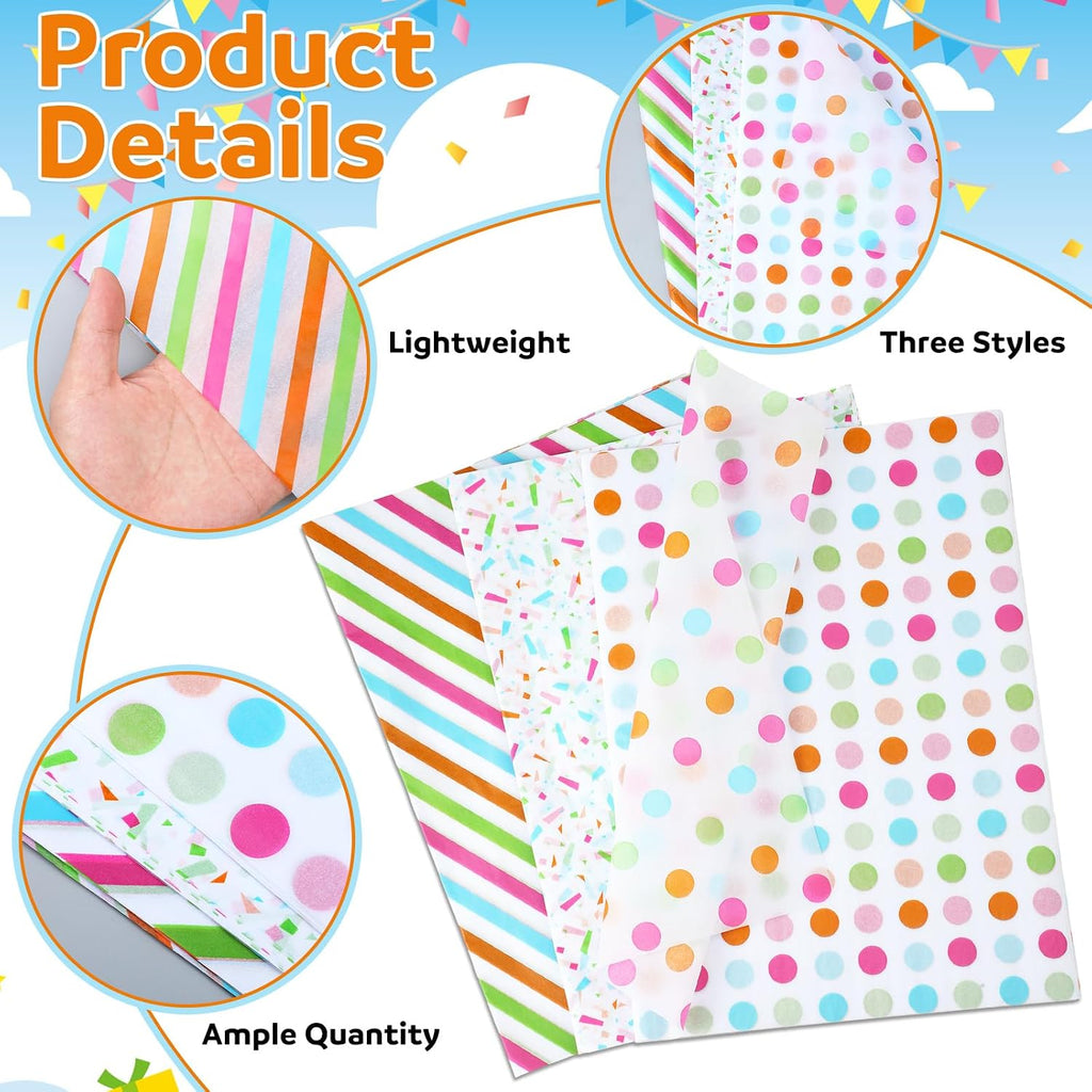 60 Sheets Rainbow Tissue Paper Polka Dot Stripe Confetti Bulk