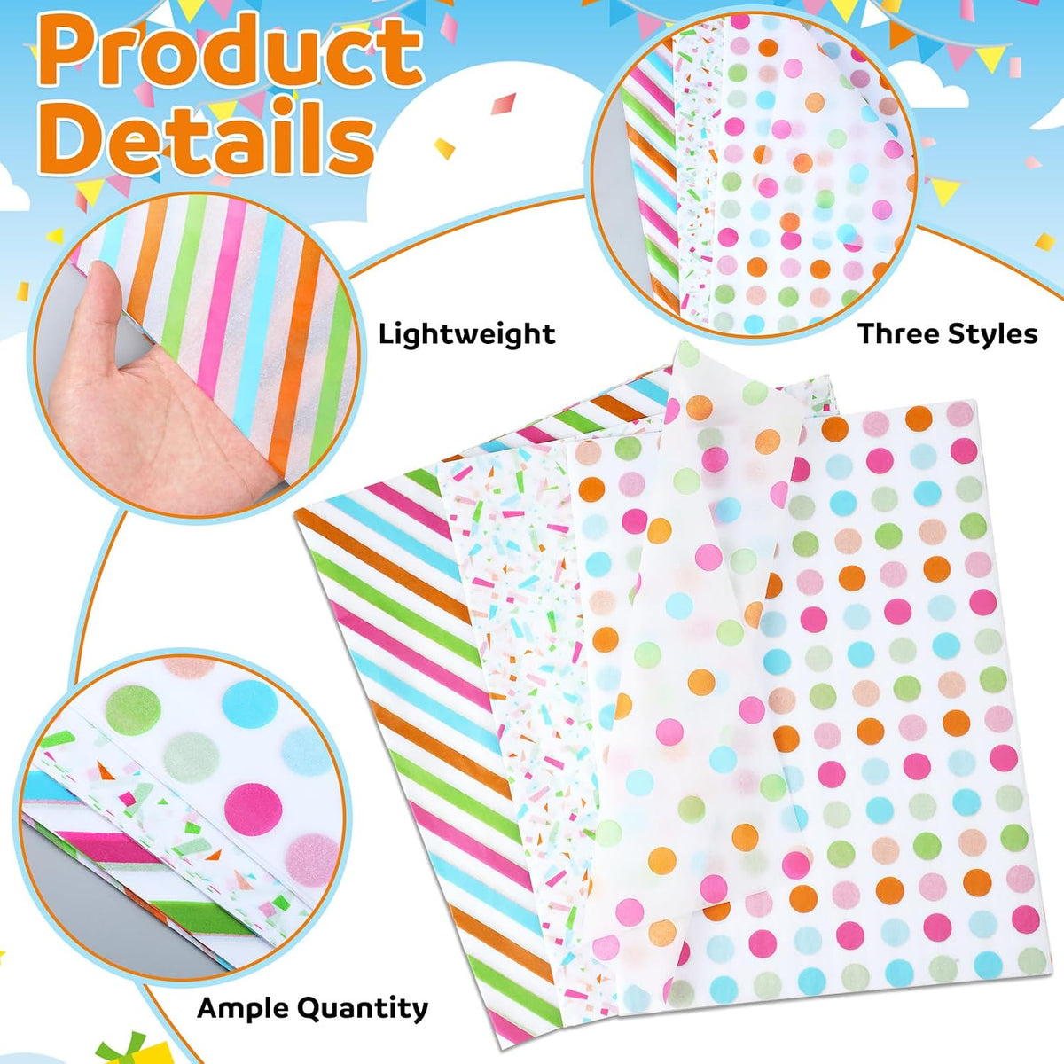 60 Sheets Rainbow Tissue Paper Polka Dot Stripe Confetti Bulk
