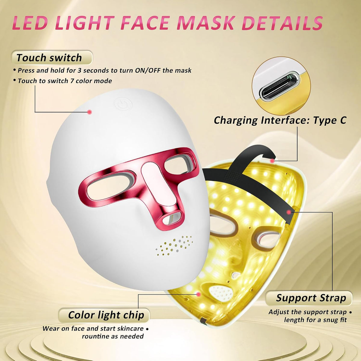 7 Colors Red Light Therapy for Face, LED Facial Mask, Rechargeable