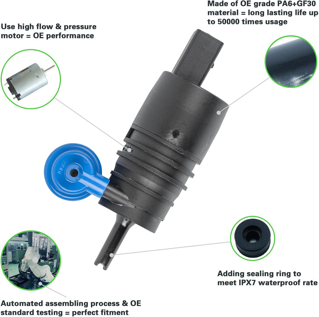 Front/Rear Windshield Washer Fluid Pump Motor With Rubber Grommet