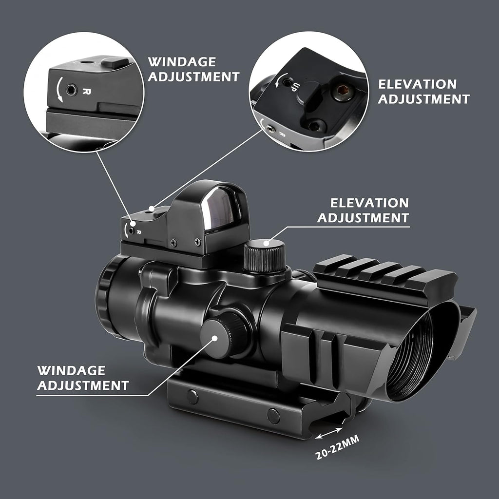 2-in-1 Combo Prism Rifle Scope 4X32 Compact Red & Green Dot Holographic with Adjustable Brightness