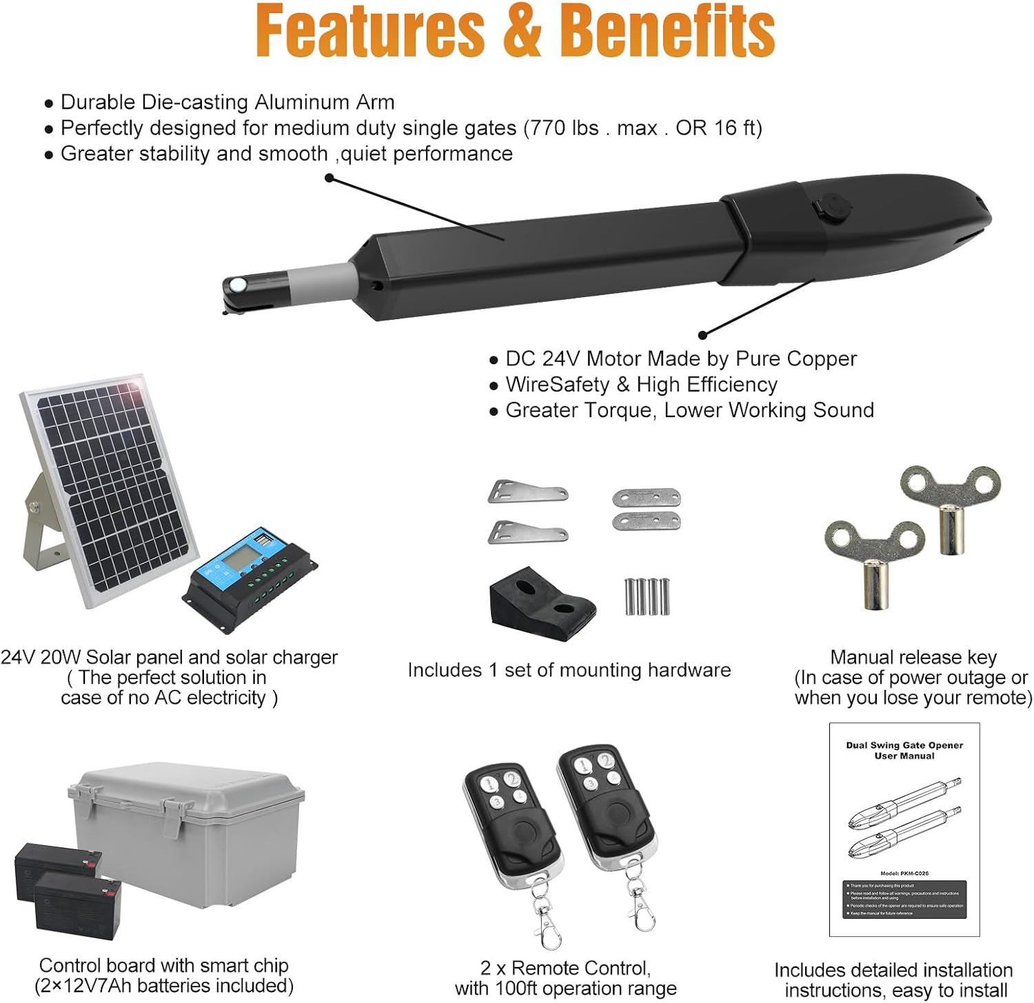 C026 Solar Gate Opener with Batteries & Solar Panel for Dual Swing Gates Up to 1540lb Automatic Gate Opener with