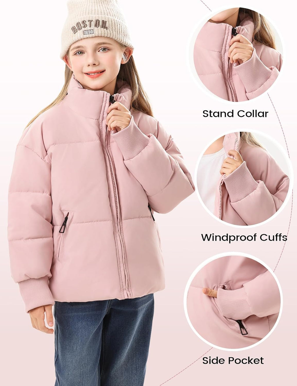 Girls Winter Puffer Jacket Kids Warm Quilted Puffer Coat | Zip Up, Stand Collar, Long Sleeve, Cropped Puffy Jacket