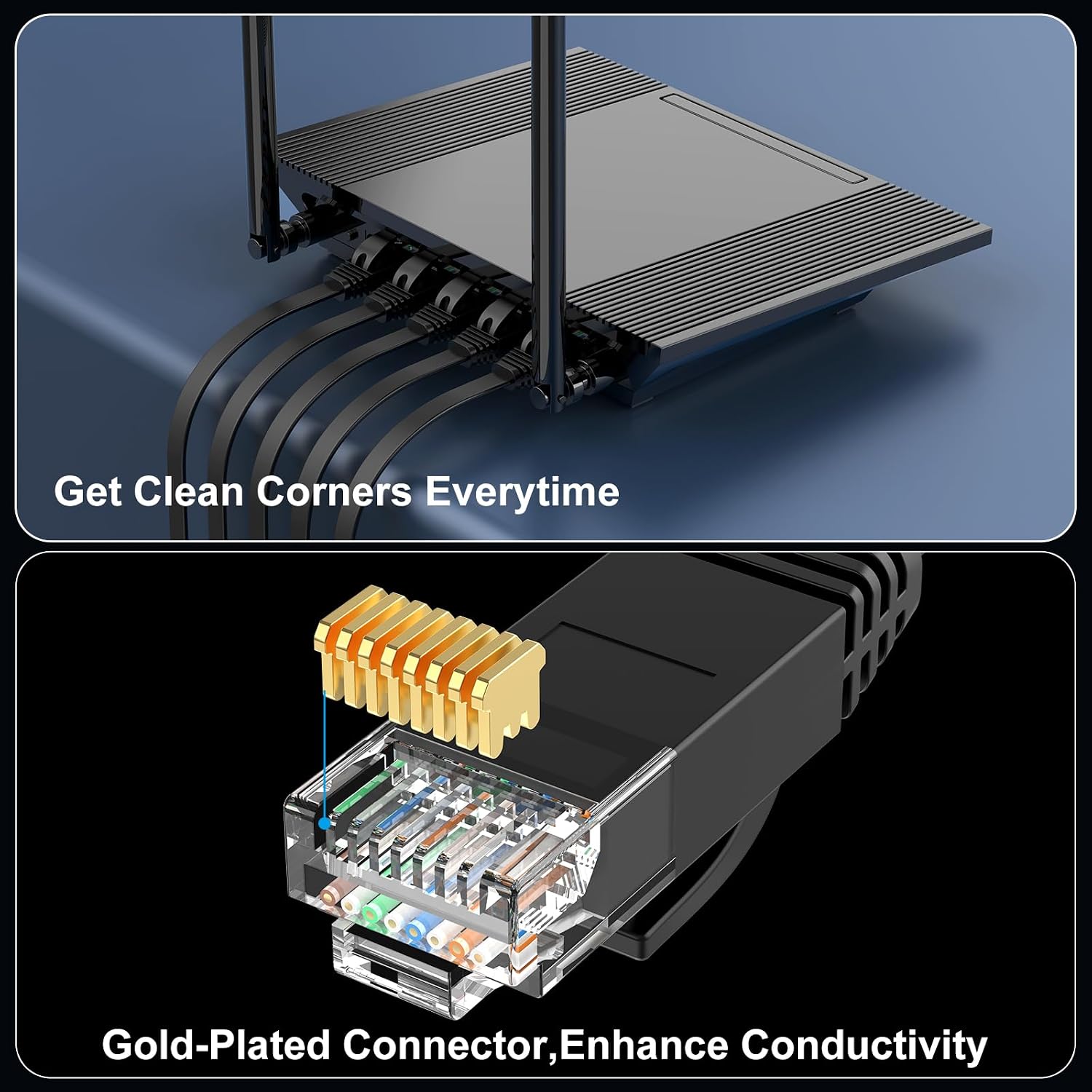 Cat 6 Flat Ethernet Cable 50ft, 10Gbps, Black | 30AWG OFC, 550MHz, Snagless Gold-Plated RJ45, Flat Low-Profile Design