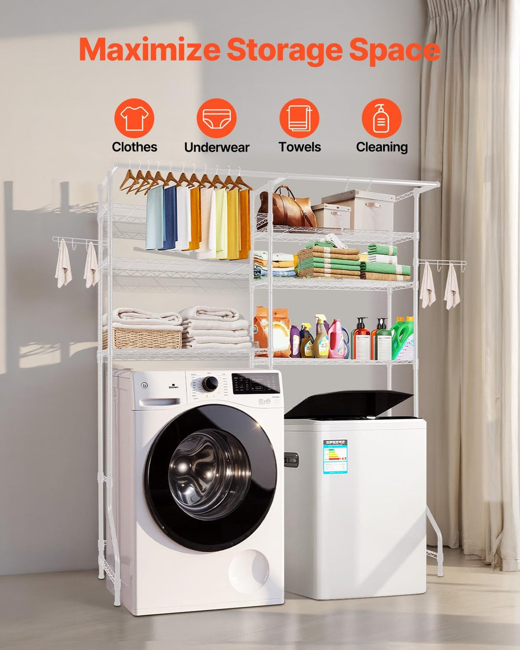 Over the Washer and Dryer Storage Shelf, 6 Tier Laundry Room Drying Rack with Hanger Rod and Hooks, Adjustable Over