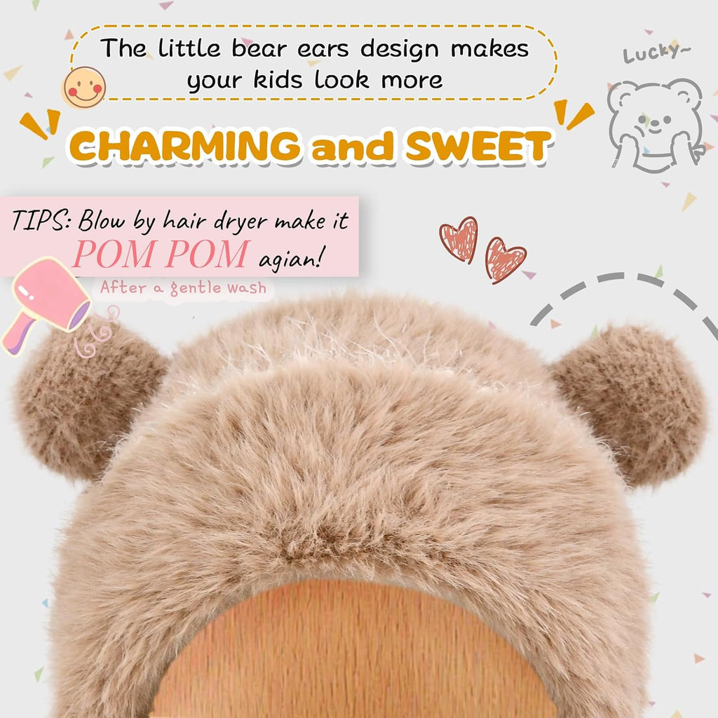 Kids Winter Hat Gloves Scarf Set- Kids Beanie Mask with Cute Bear Pom Warm Fleece- Neck Warmer Fleece Lined Set
