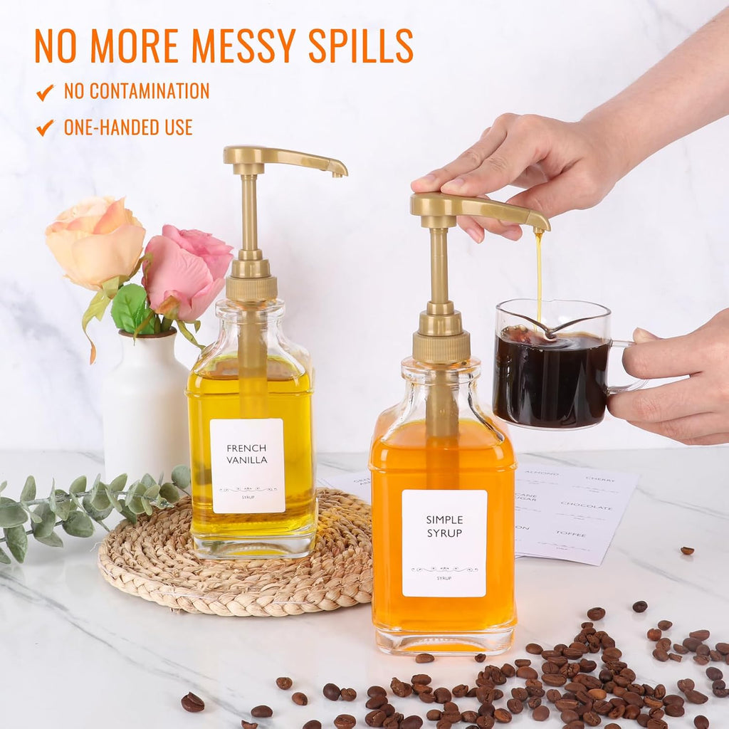 16 oz Coffee Syrup Dispenser with Pumps Set, 4 Leak-Proof Glass Bottles