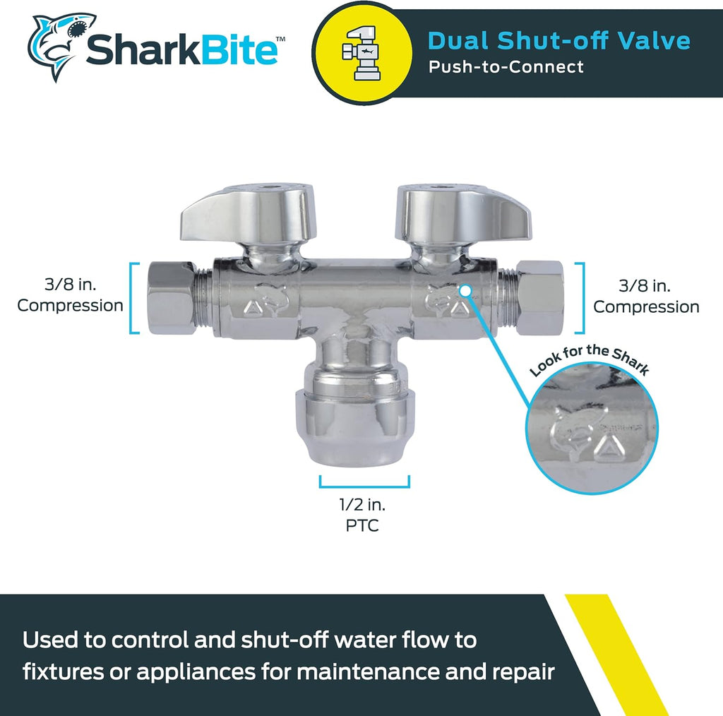 Dual Shut Off Quarter-Turn Brass Ball Valve, 1/2 Inch Push to Connect x 3/8 Inch OD Compression x 3/8 Inch OD