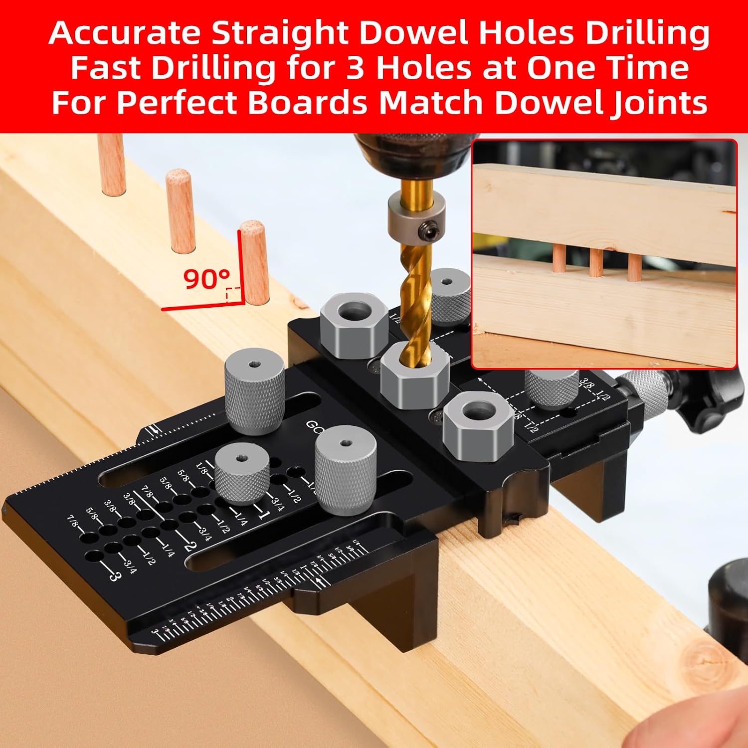 Dowel Jig Kit with Quick Positive Stop and Clamp, Adjustable Doweling Jig for Drill 1/4, 3/8 and 1/2 Inch Accurate
