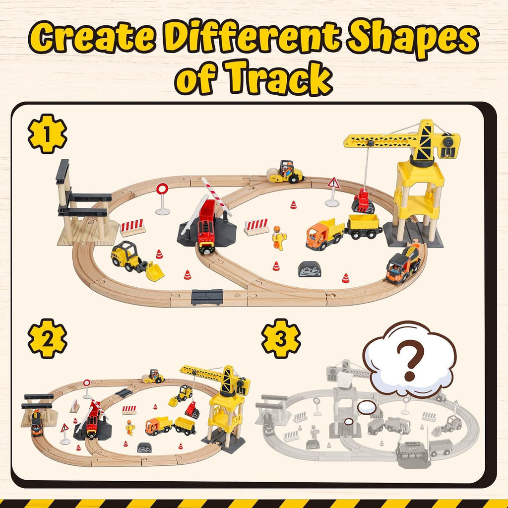 Wooden Train Set, Construction Toys for 3 Year Old Boys | Wooden Train Track Set for Kids w/Crane, Toy Train Railway