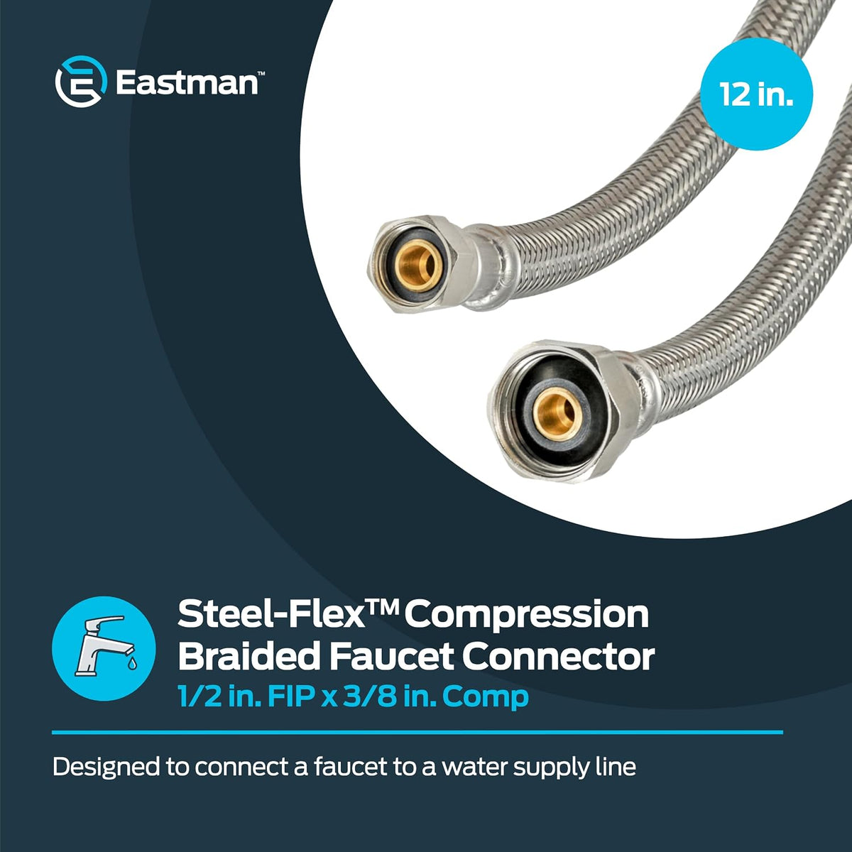12 inch Steel-Flex Braided Faucet Connector, 1/2 Inch FIP x 3/8 Inch Compression, Stainless Steel Faucet Supply Line
