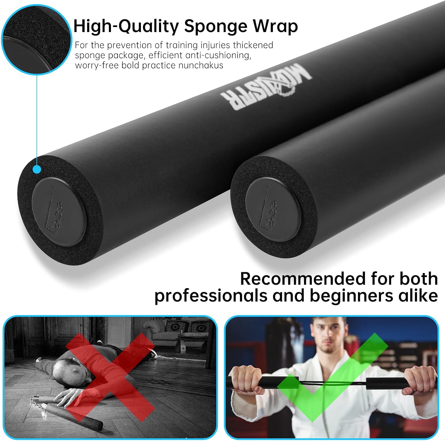 Safe Foam Rubber Cord Nunchakus Practice and Training 2 Pack | Extra-thick cushioning, non-slip surface, easy to