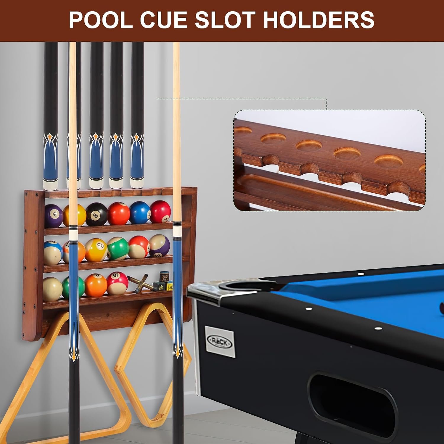 Pool Stick Holder - 7 Pool Cue Rack Wall Mount With Cue Rest and Ball holder, Wooden Pool Table Accessories Equipment