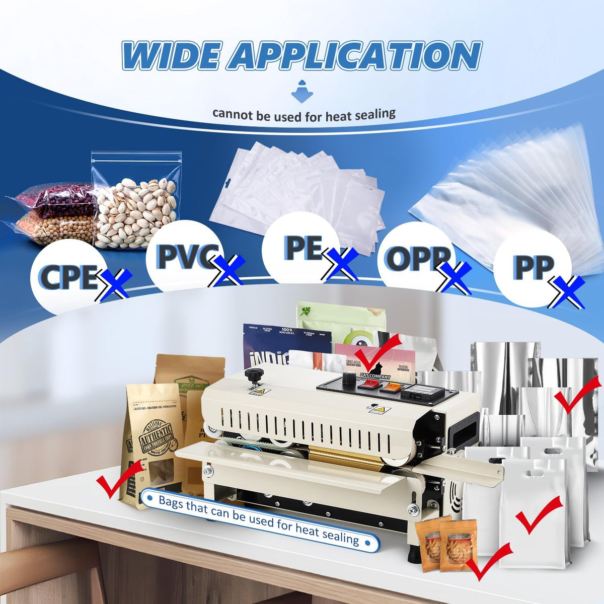 Commercial Heat Sealer Machine, Automatic Continuous Band Sealer, Beige