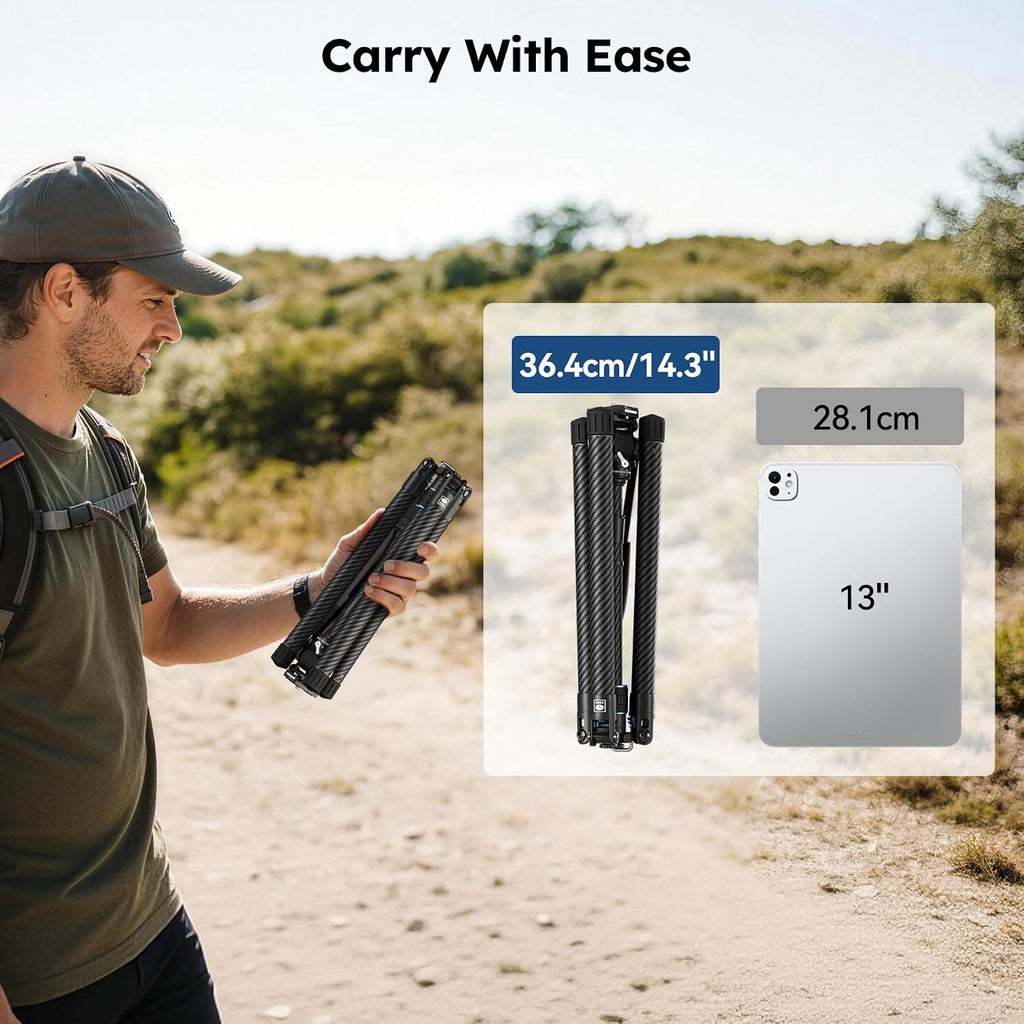 Traveler Air-T Carbon Fiber Travel Video Tripod, KV-5 Fluid Head, 61" | 1.33kg Lightweight, 360° Pan, -80° To 90°