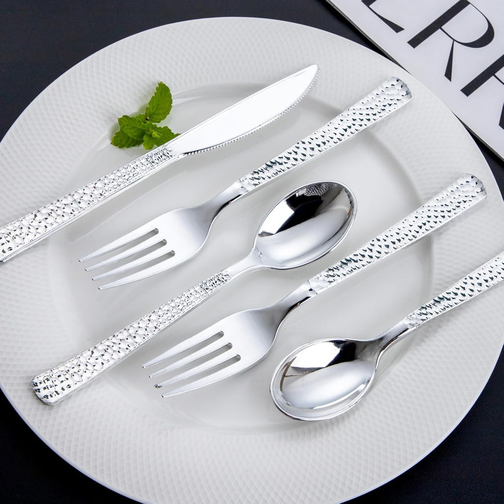 300PCS Hammered Silver Plastic Silverware, Disposable Cutlery Sets