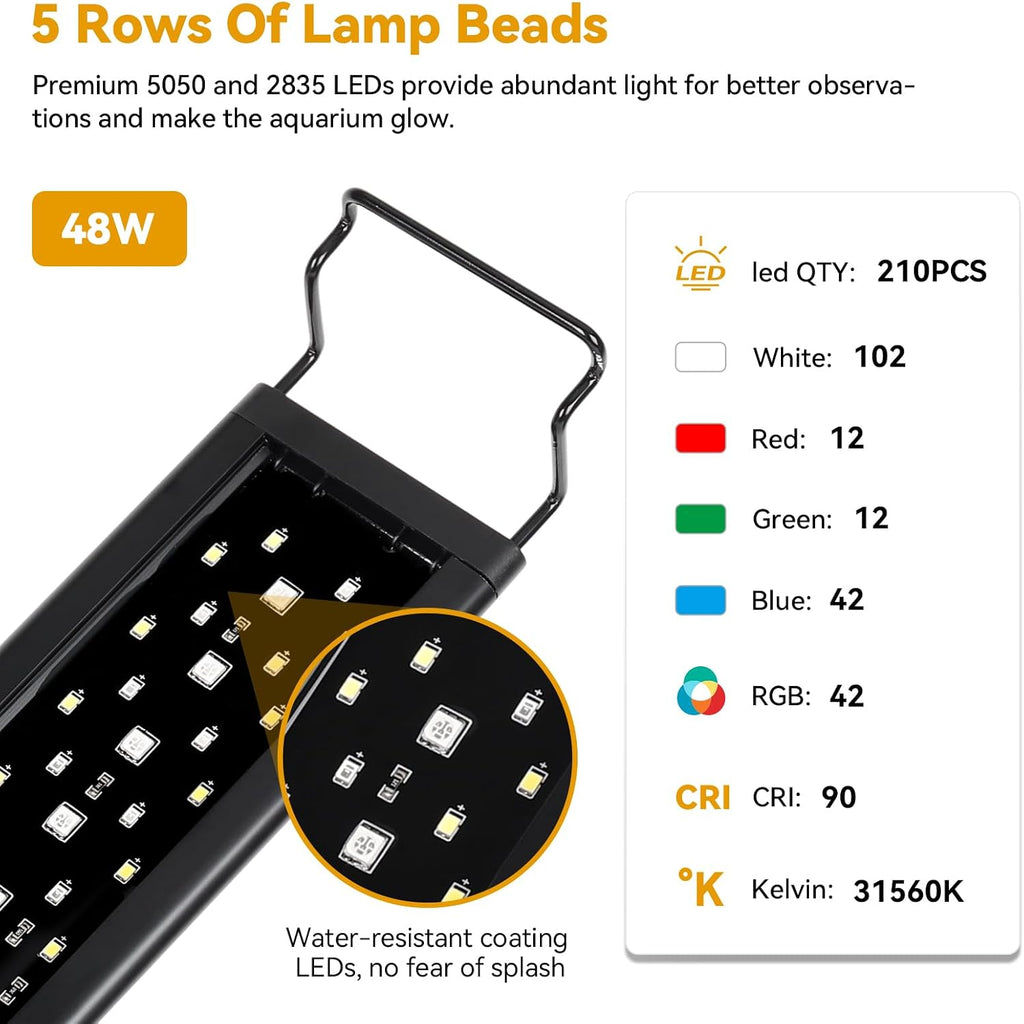 48W LED Aquarium Light, 48-54 Inch Fish Tank Light with Timer Auto On/Off, Sunrise Sunset Mode, Adjustable Brightness