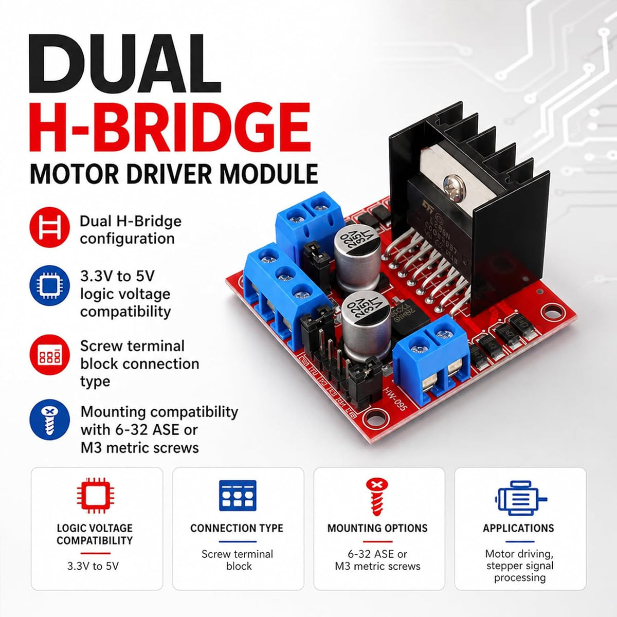 6-Pack L298N Motor Driver Dual H-Bridge, 3.3V/5V Logic