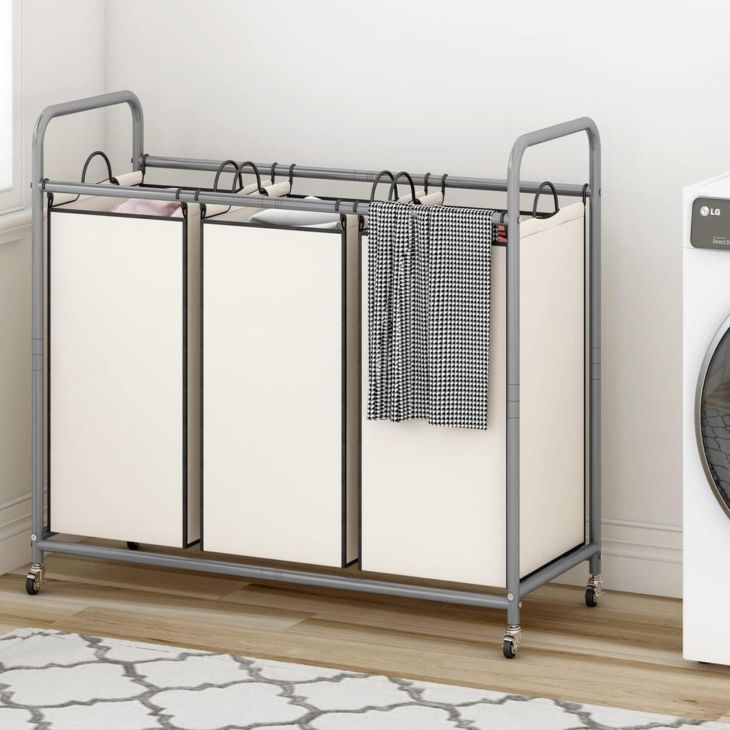 3 Section Laundry Hamper, Beige Laundry Basket 135L Laundry Sorter | Laundry Room Organization with Heavy Duty