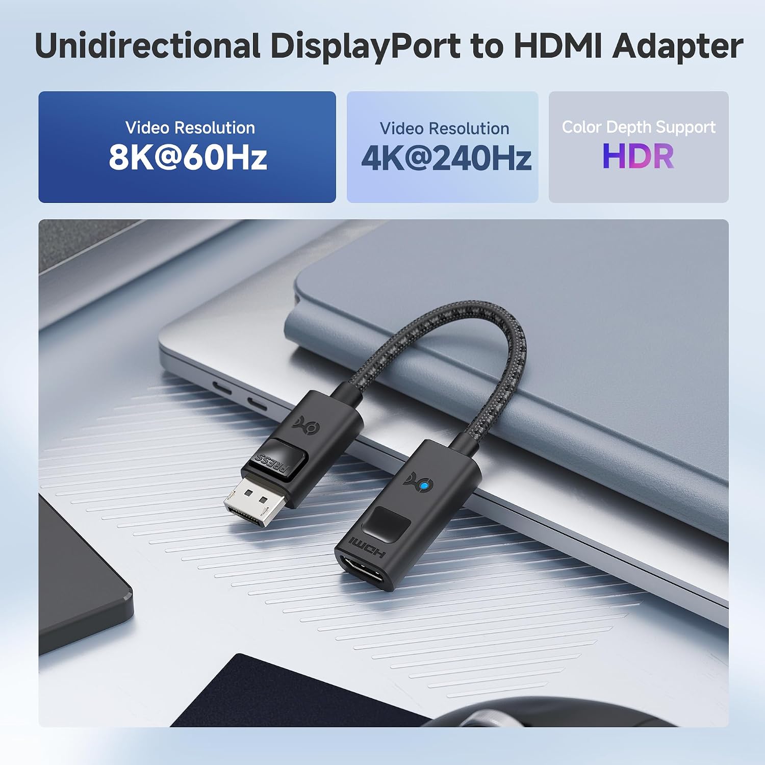 8K Unidirectional DisplayPort 1.4 to HDMI 2.1 Adapter | 8K@60Hz / 4K@240Hz, DisplayPort to HDMI 2.1 Cable Adapter