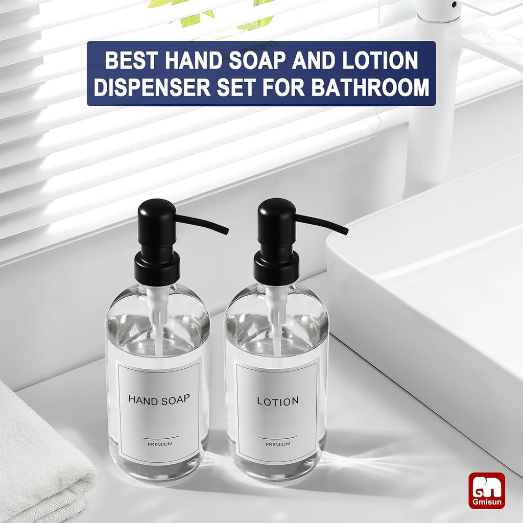 Glass Soap Dispenser with Pump, 2 Pack Clear Bathroom Hand Soap Dispenser with Stainless Steel Pump, 17 Fl Oz