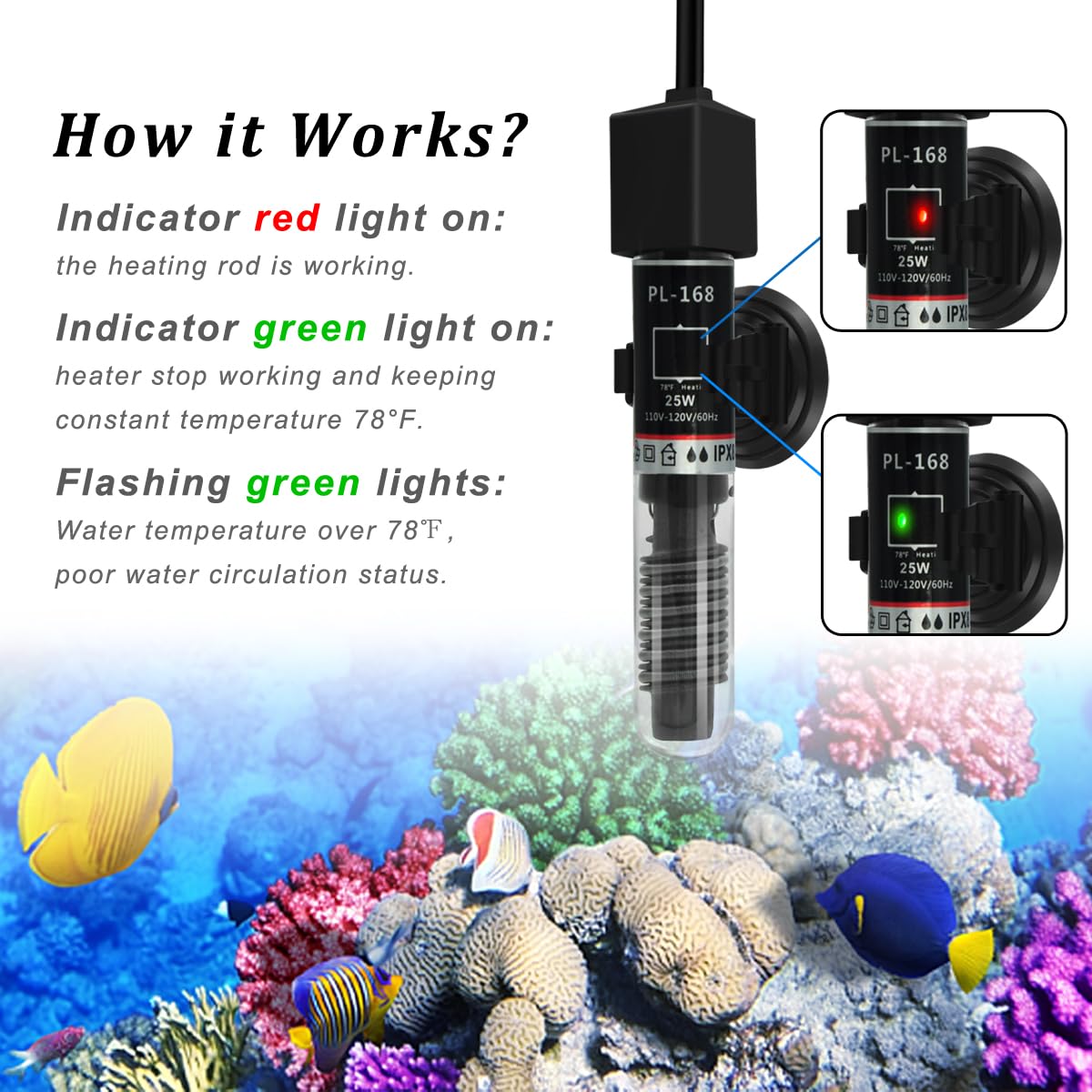 25Watt Mini Aquarium Heater, Submersible Betta Heater | Small Fish Tank Heater with Free Thermometer Strip for 1-6