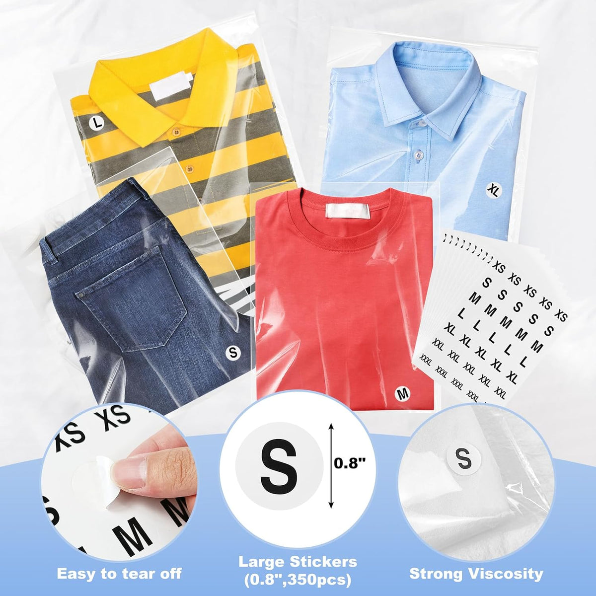 100 Count Clear Poly T Shirt Bags, Cellophane Bags, Self Sealing With 10 Pcs Size Stickers(10 * 13)