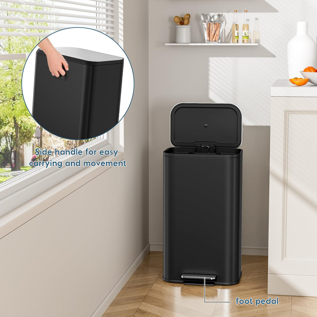 13.2 Gallon 50L Square Step Kitchen Trash Can, Stainless Steel,Black