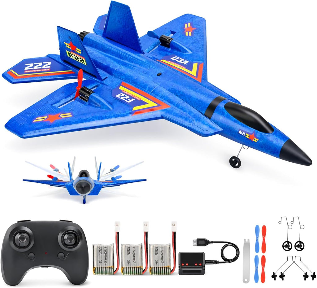 F-22 RC Airplane, 2.4GHz Easy to Fly Foam RC Plane, 2 CH RTF, Blue | Smart Gyro Stabilizer, LED Lights, 3