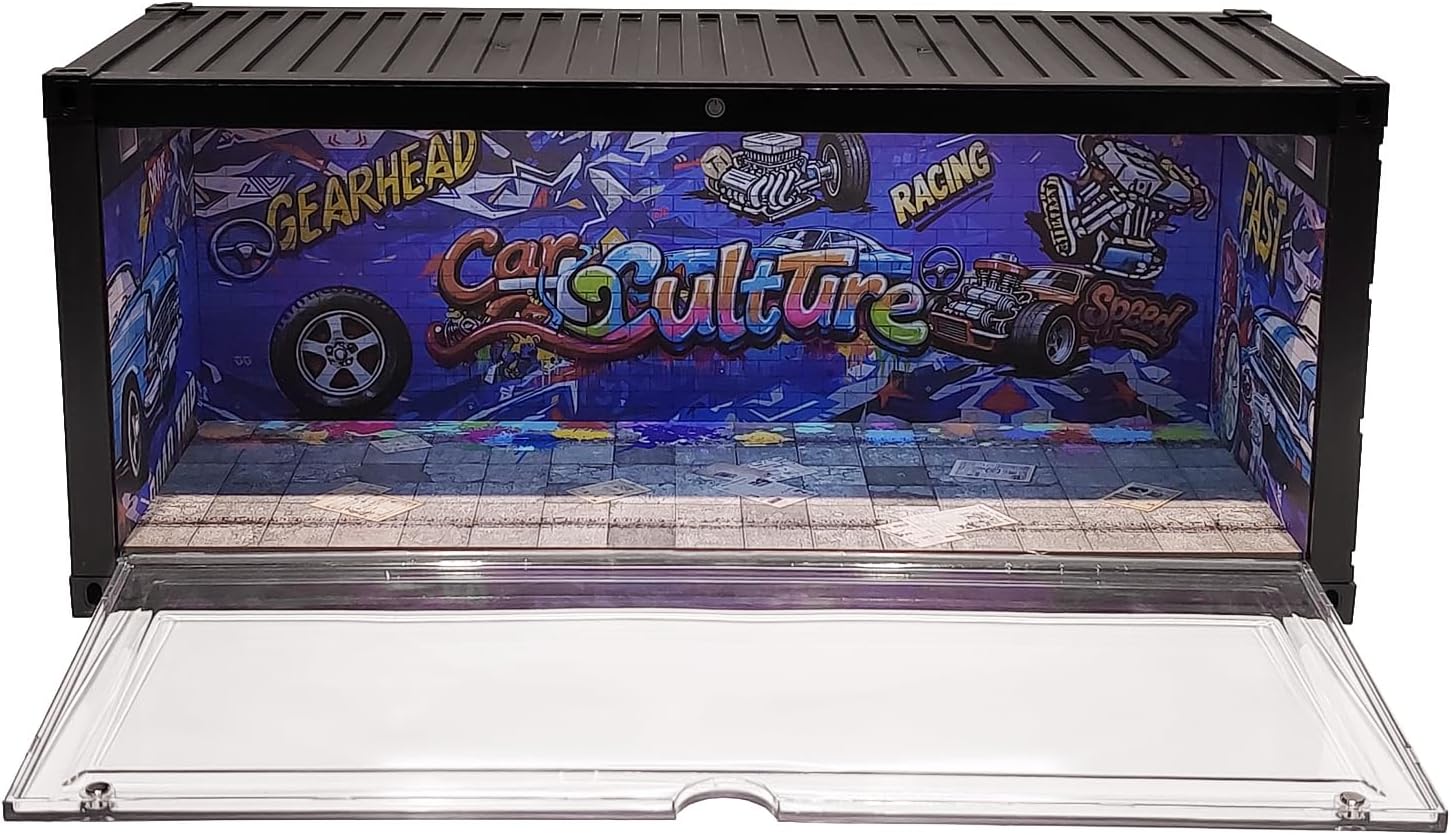 Display Case with LED Light for 1/18 Scale Model Car | Shipping Container Style Garage Diorama Show Case - Graffiti