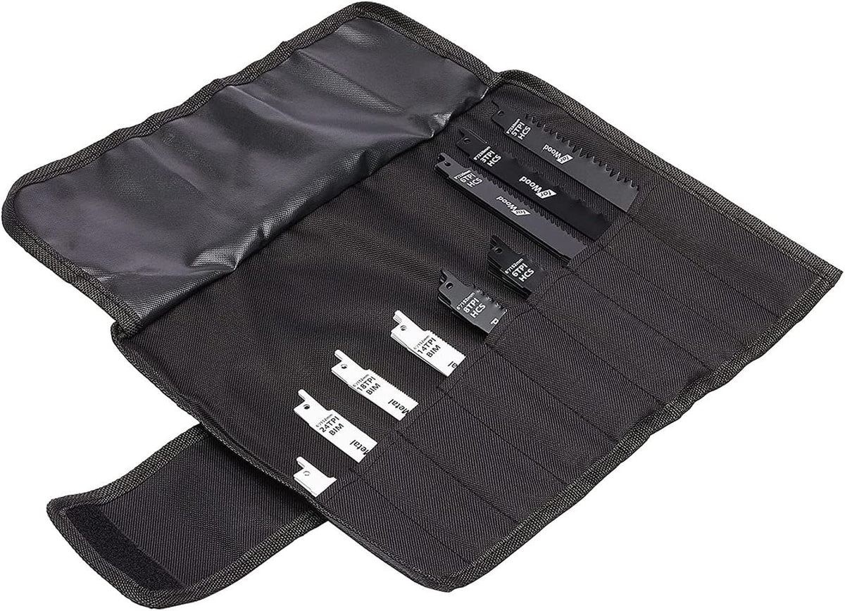 Amazon Basics Chromium Vanadium Steel Reciprocating Saw Blade Set with Organizer Pouch, Compatible For Plastic, 32-Pieces, Black & White
