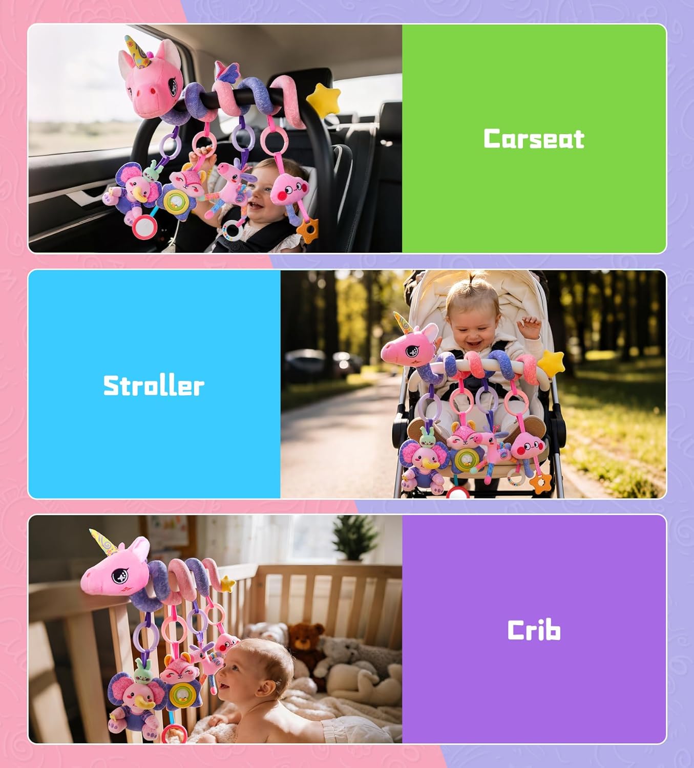 Musical Car Seat Toy for Babies 0-12 Months Girl, 5-in-1 Sensory Activity Hanging Toy Stroller Toy with Soothing