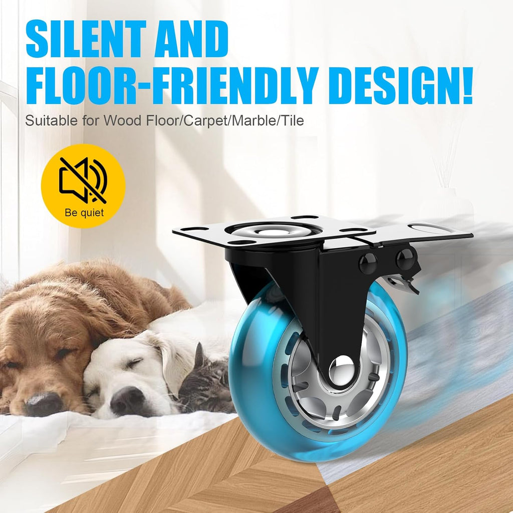 3 Inch Plate Casters Set of 4 Double Brake Heavy Duty | 1200 LBS, Non Marking & Quiet Blue Design, 360°Swivel, Wheels