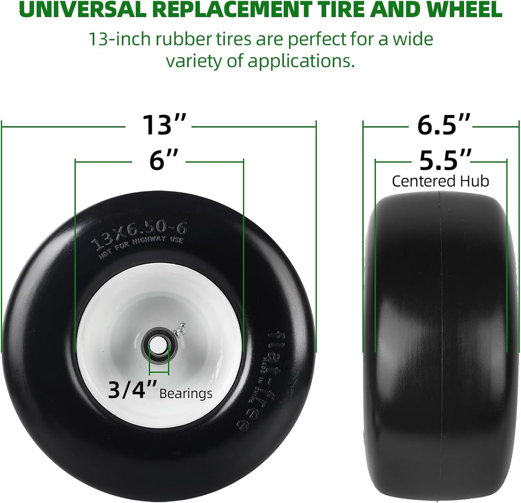 (2-Pack) 13x6.50-6 Flat Free Tire and Wheel - Universal 13x6.5-6 Solid Rubbe Riding Lawn Mower Tire with Rim - With